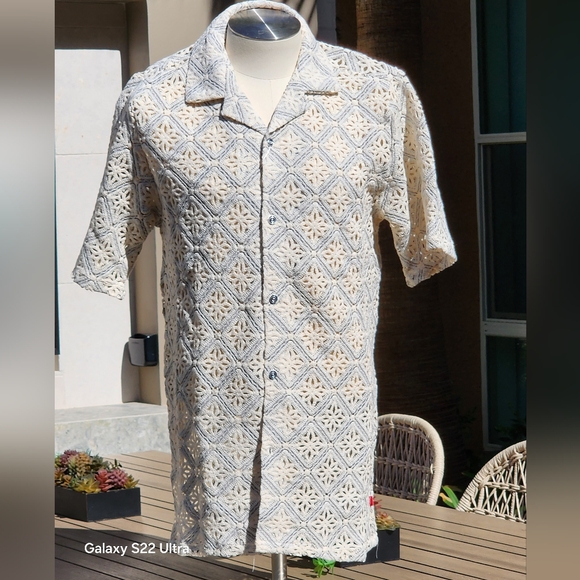 Stacy Adams Other - Stacy Adams Men's Gray Geometric Floral Lattice Crochet Woven Shirt Size XL